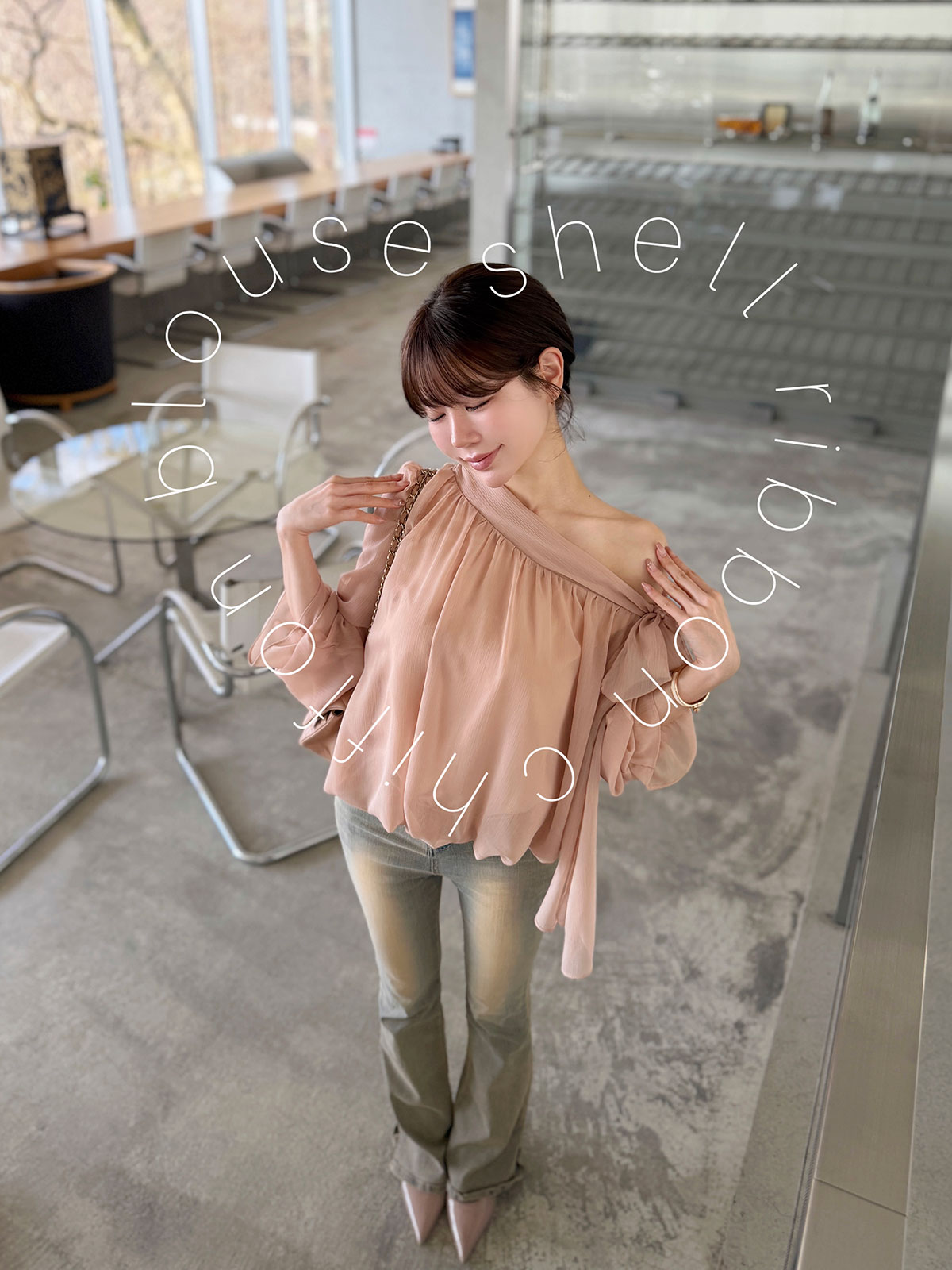 shellリボンシフォンブラウス