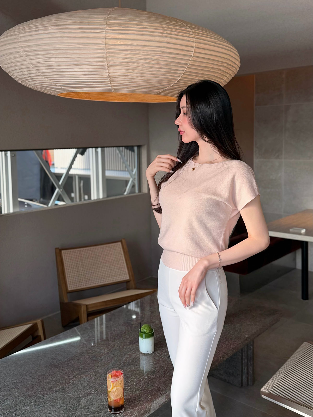 ボートネックフレンチスリーブニットtop