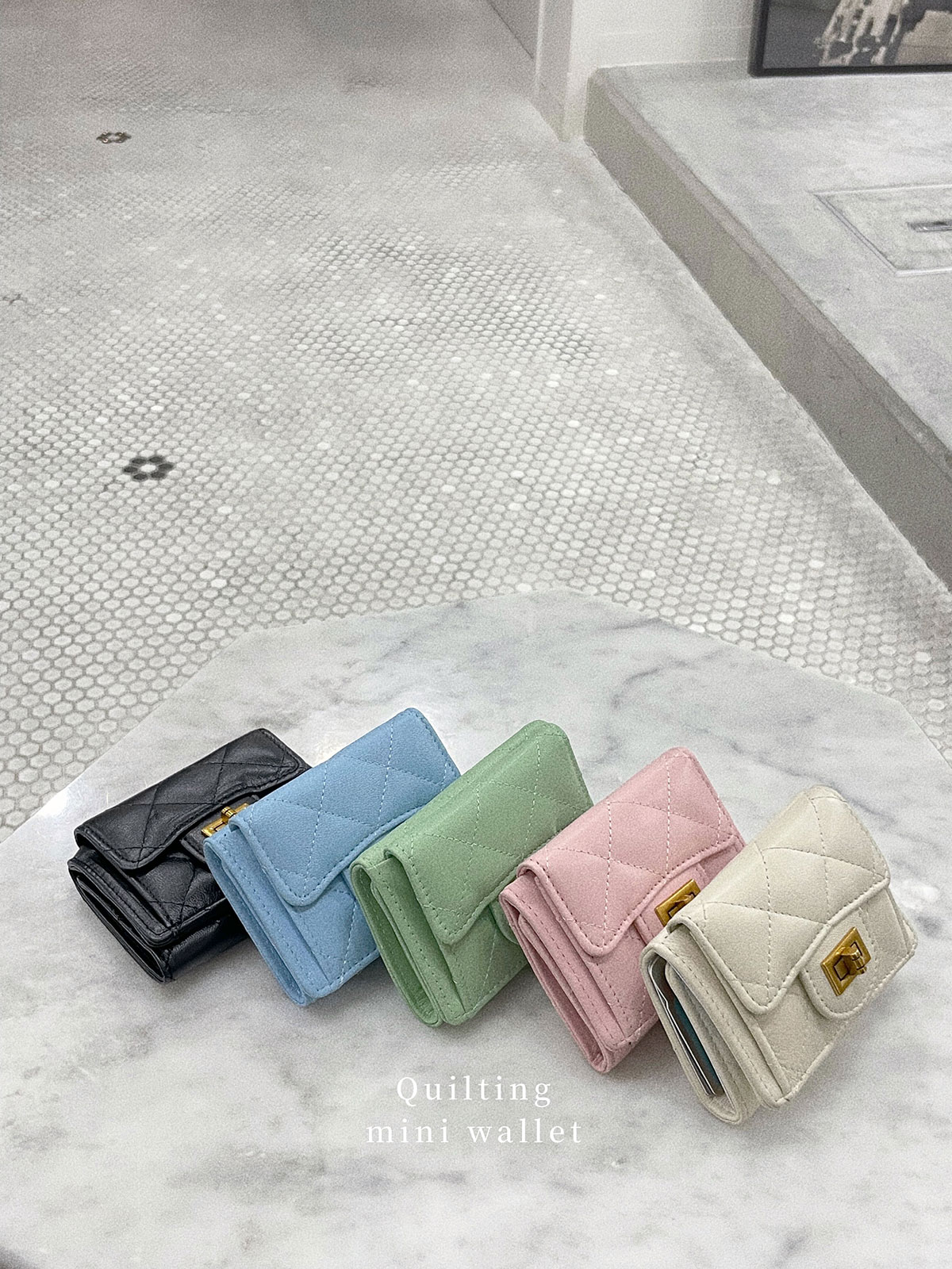 クン quilting mini Wallet カラー:ブラック、アイボリー、ハヌル、バレーピンク、ミントグリーン