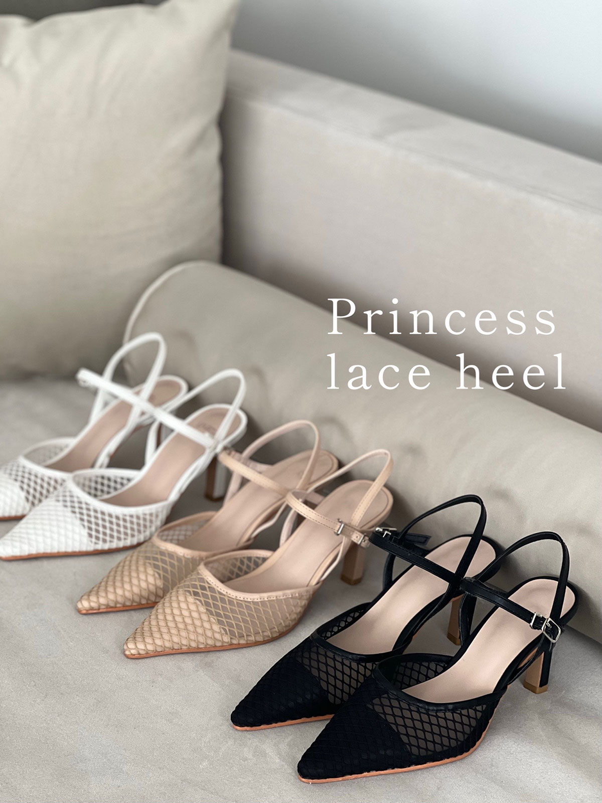 クン princess lace heel カラー:ブラック、ホワイト、ピンクベージュ