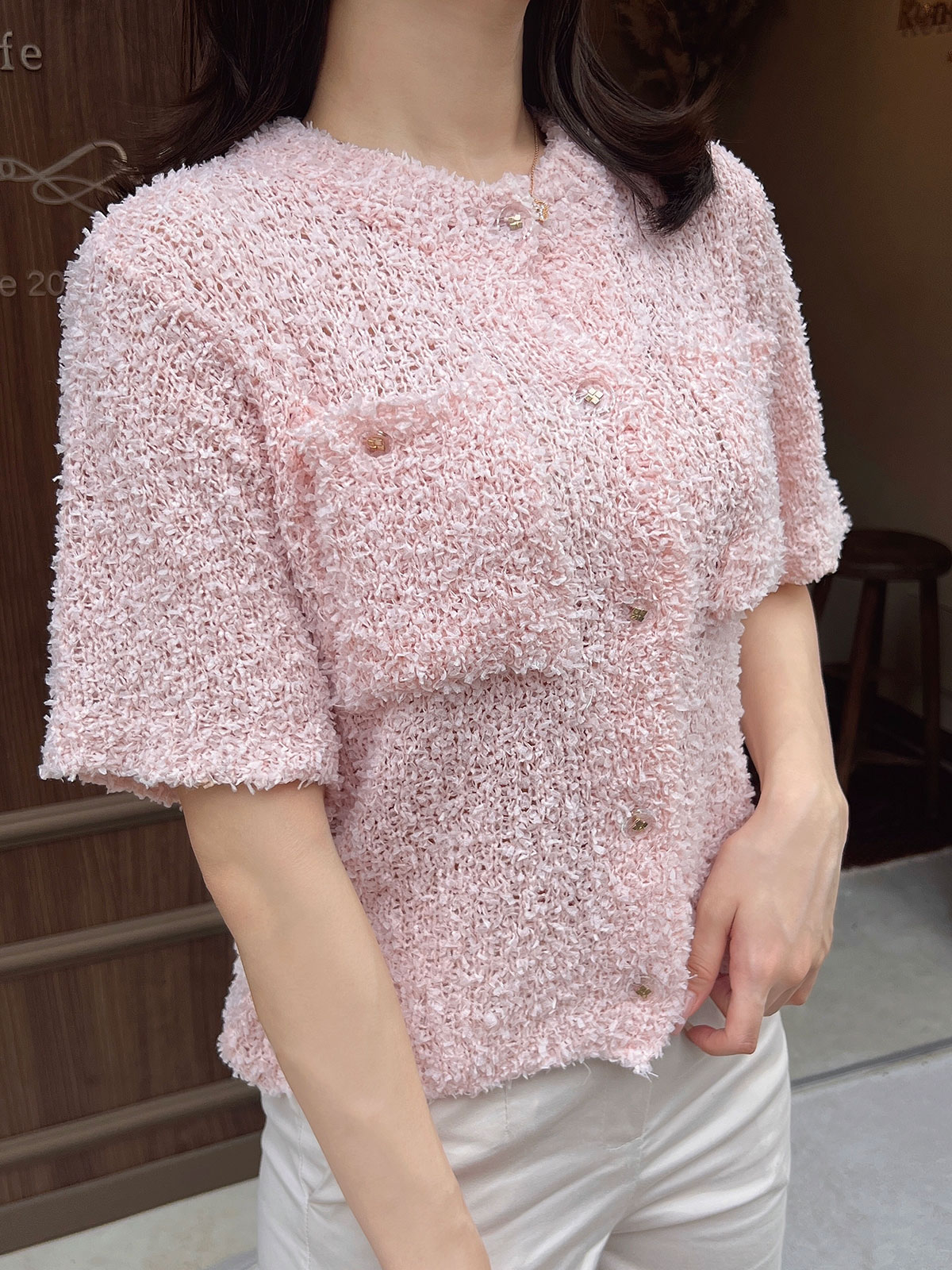 クン フレークシュガーカーデトップ カラー:シュガーホワイト、ブルー、シュガーピンク