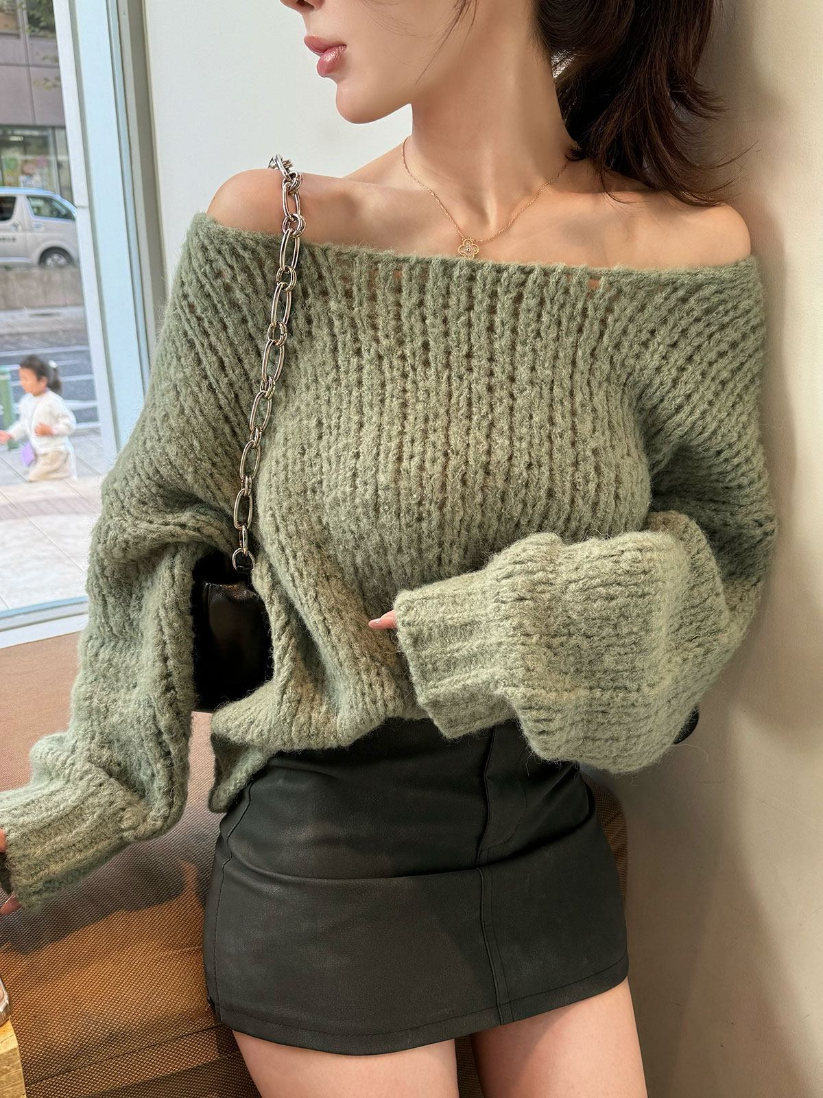 クン ざっくりwoolバトーネックknit カラー:アイボリー、ベージュ、カーキ、グレージュ