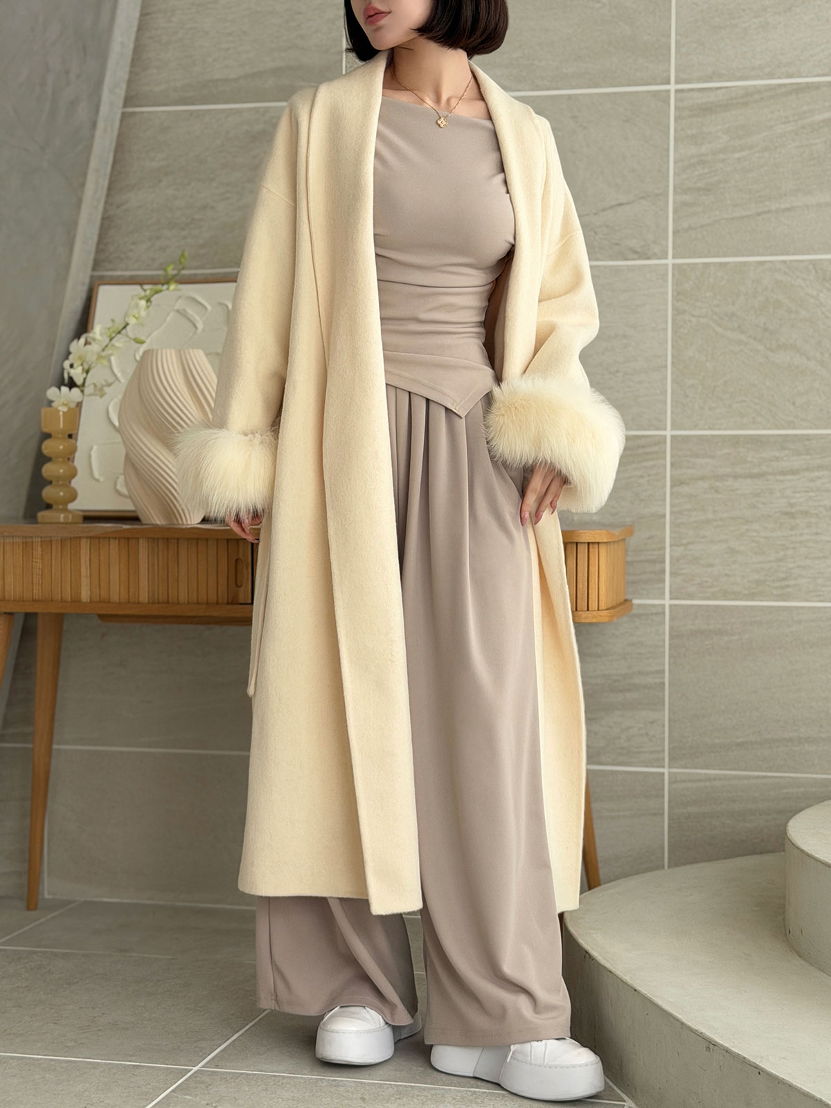 クン Classyローブファーcoat カラー:クリームアイボリー、ベージュ