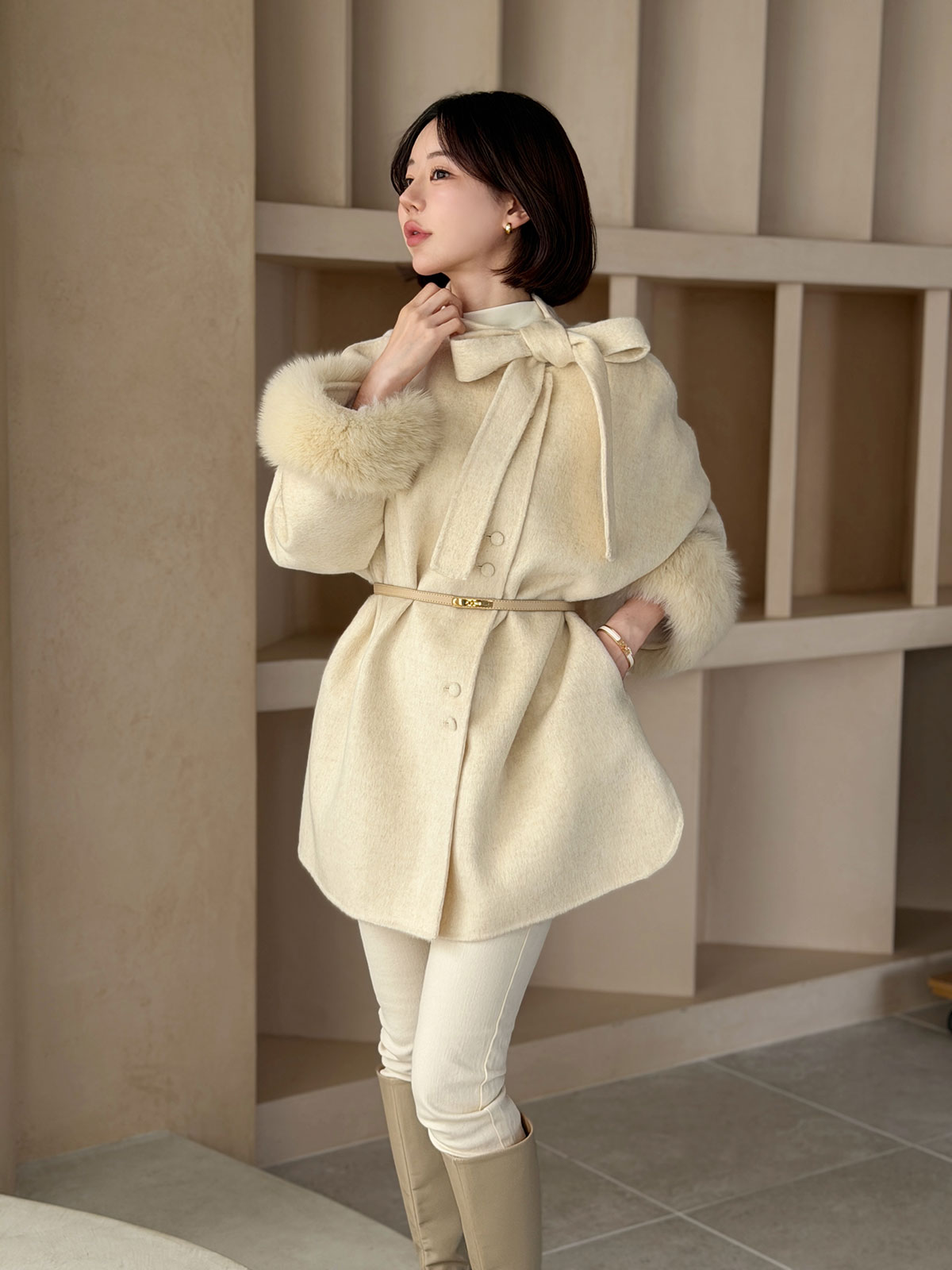 クン Moelボウタイファースリーブcoat カラー:ブラック、グレー、オートアイボリー