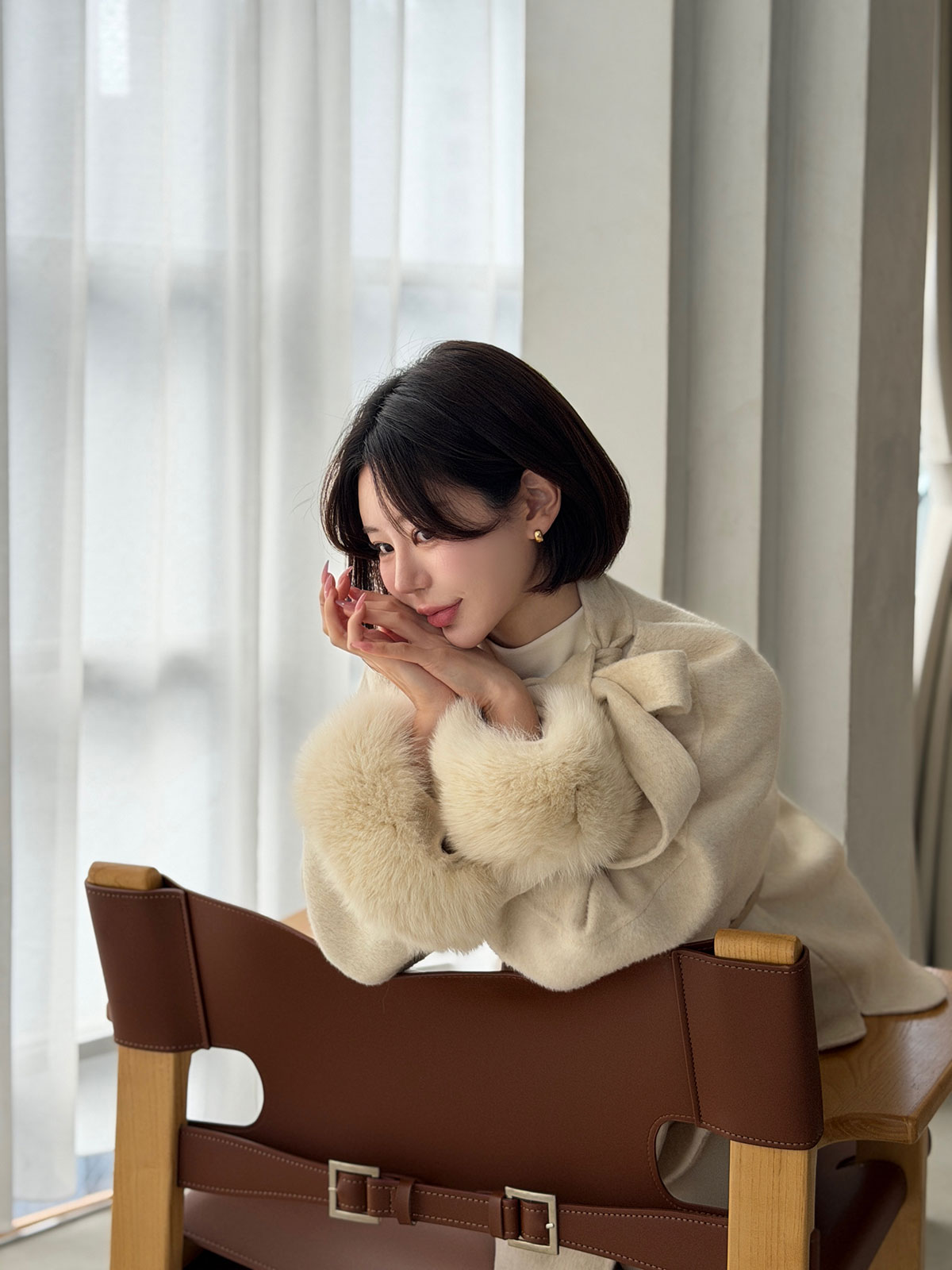 クン Moelボウタイファースリーブcoat カラー:ブラック、グレー、オートアイボリー