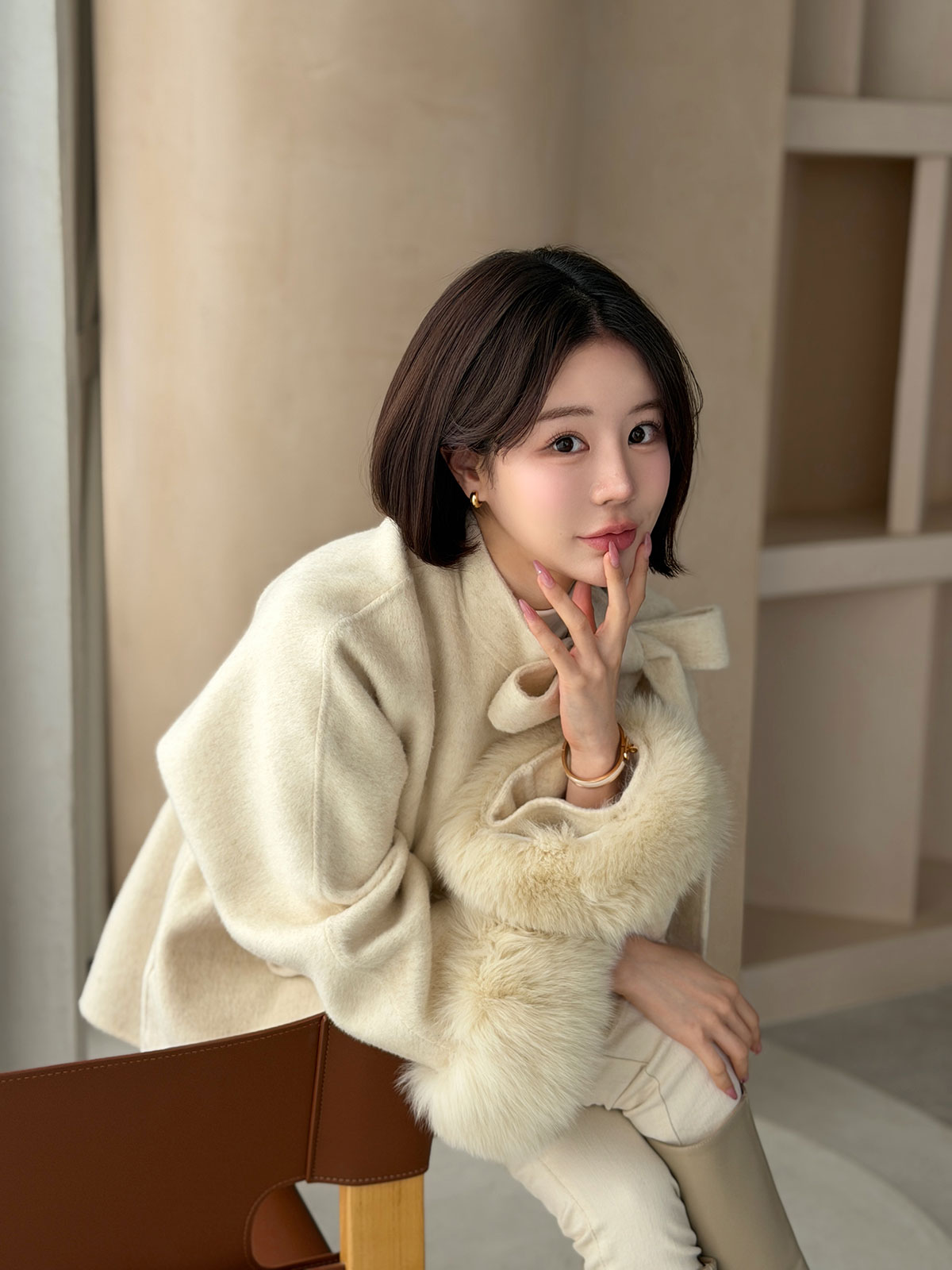 クン Moelボウタイファースリーブcoat カラー:ブラック、グレー、オートアイボリー