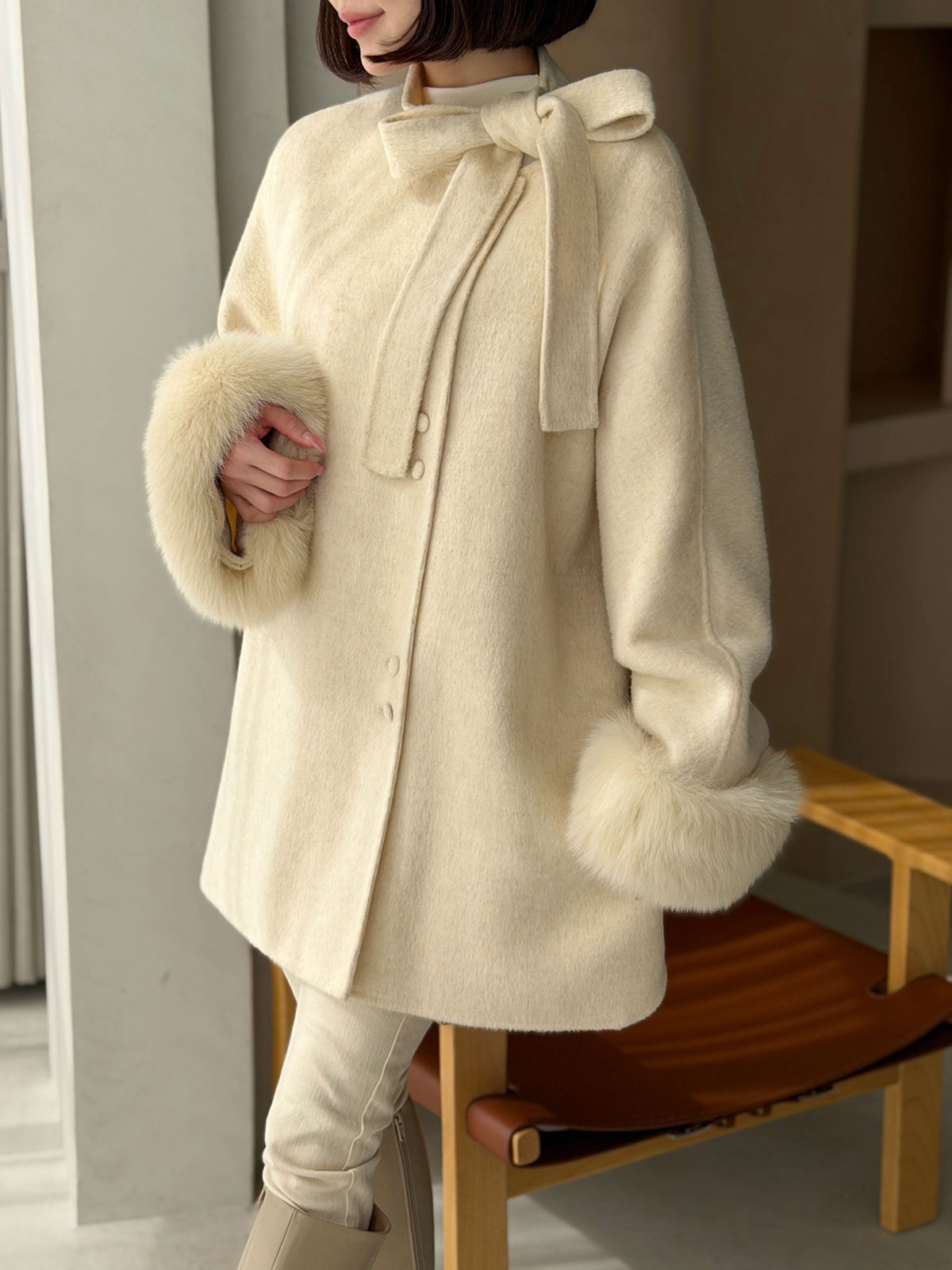 クン Moelボウタイファースリーブcoat カラー:ブラック、グレー、オートアイボリー