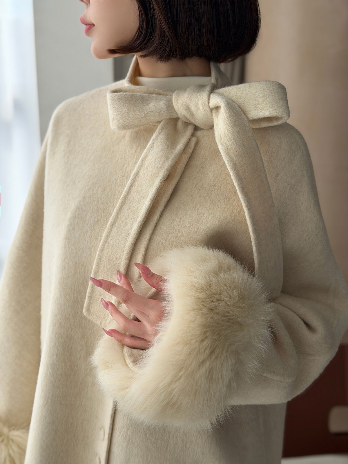 クン Moelボウタイファースリーブcoat カラー:ブラック、グレー、オートアイボリー