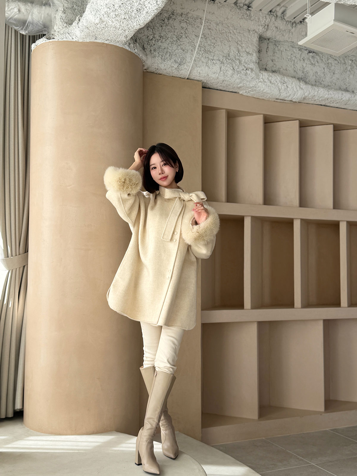 クン Moelボウタイファースリーブcoat カラー:ブラック、グレー、オートアイボリー