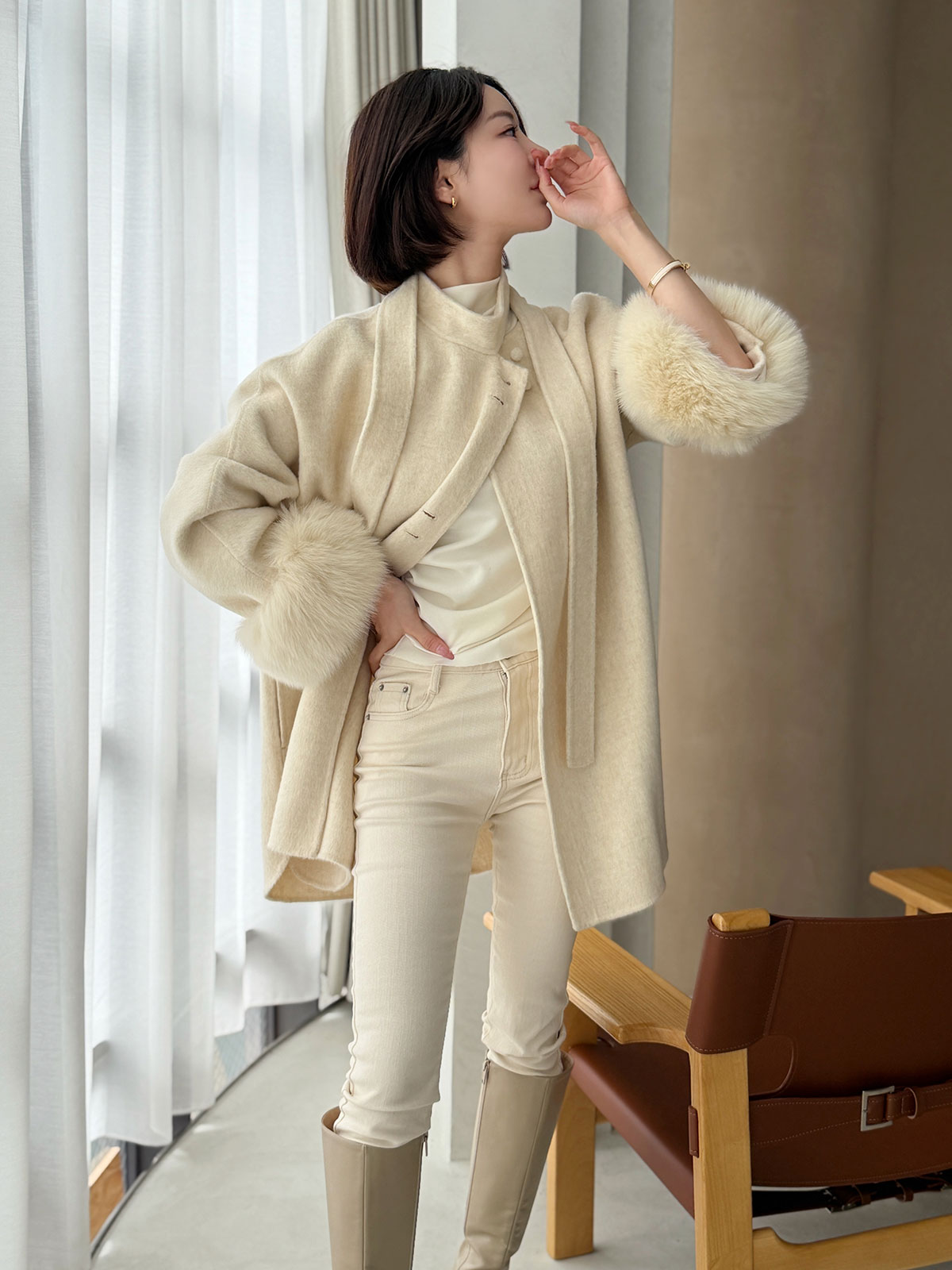 クン Moelボウタイファースリーブcoat カラー:ブラック、グレー、オートアイボリー