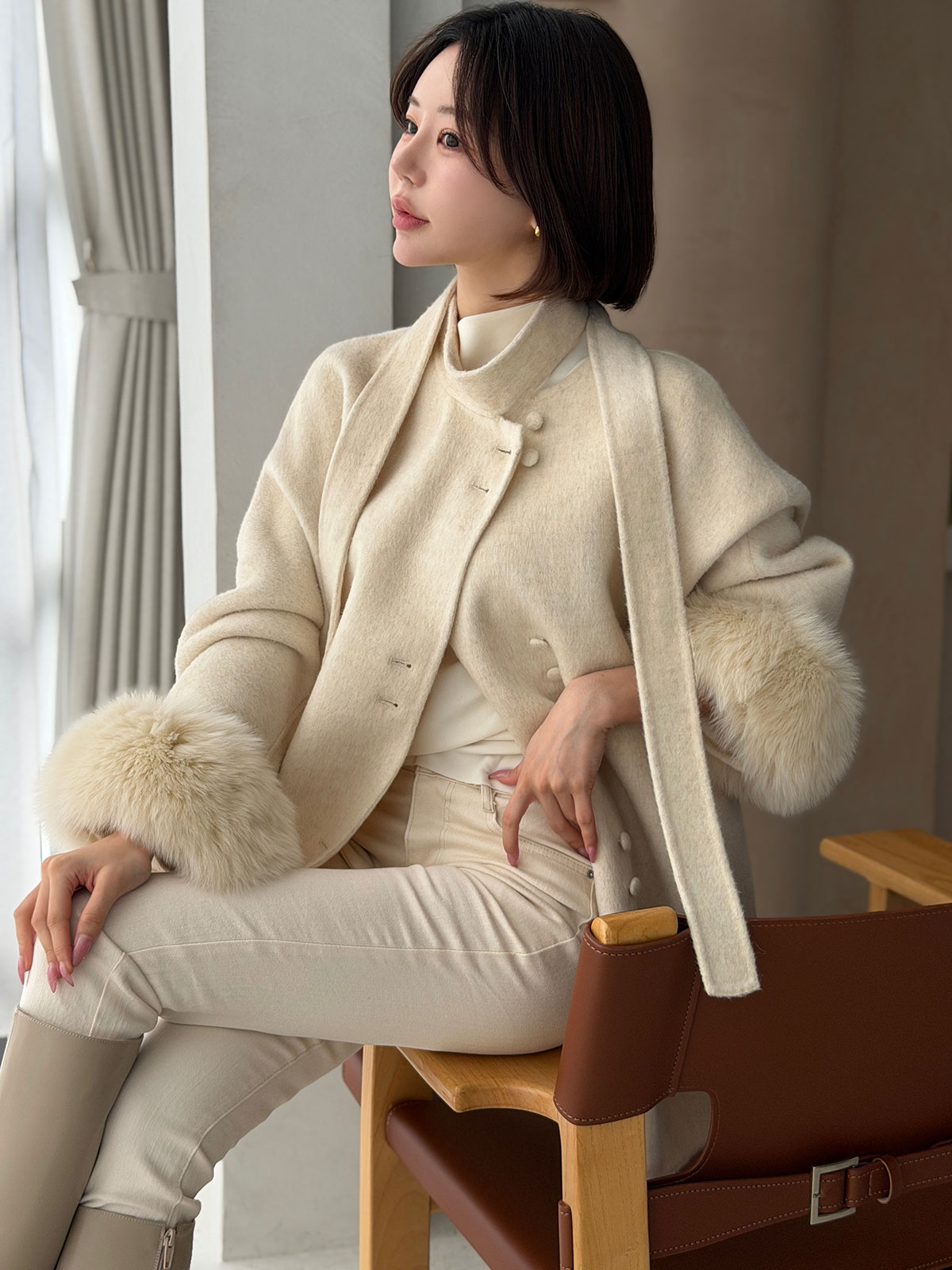 クン Moelボウタイファースリーブcoat カラー:ブラック、グレー、オートアイボリー