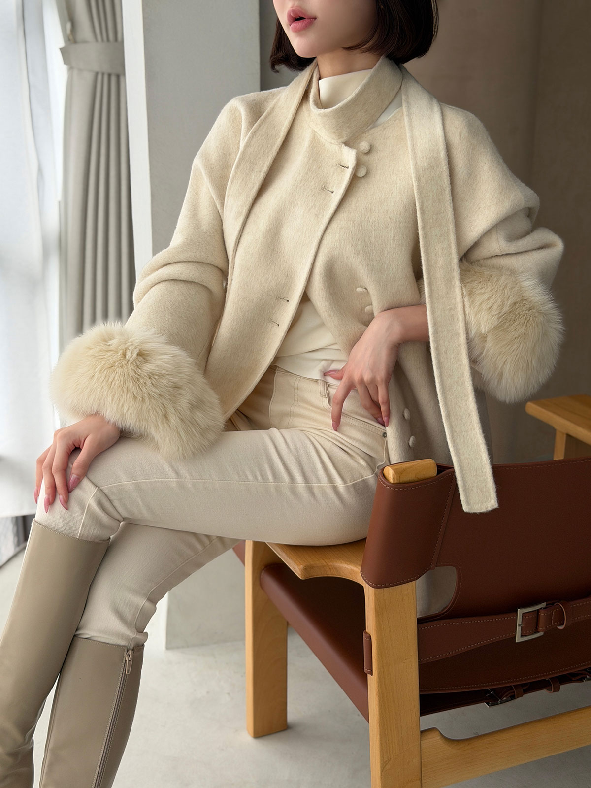 クン Moelボウタイファースリーブcoat カラー:ブラック、グレー、オートアイボリー