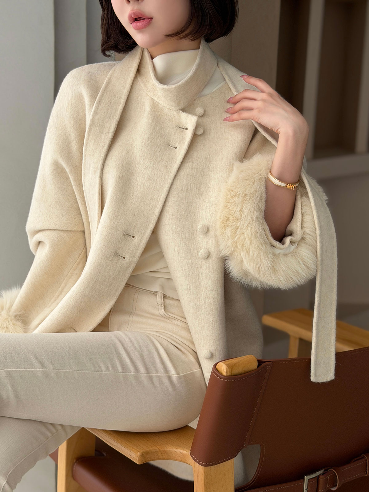 クン Moelボウタイファースリーブcoat カラー:ブラック、グレー、オートアイボリー