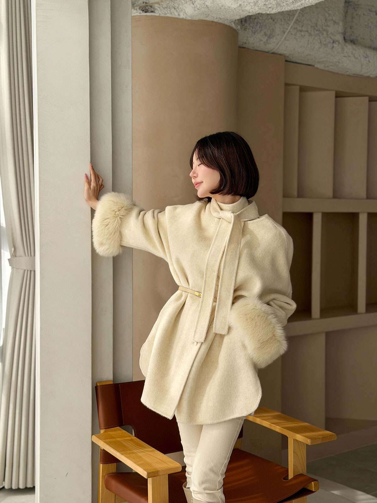 クン Moelボウタイファースリーブcoat カラー:ブラック、グレー、オートアイボリー