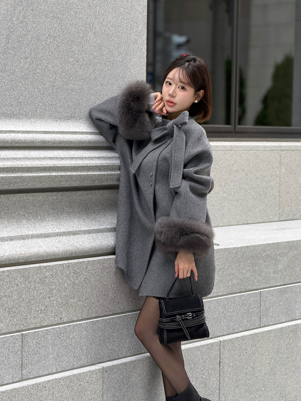 クン Moelボウタイファースリーブcoat カラー:ブラック、グレー、オートアイボリー