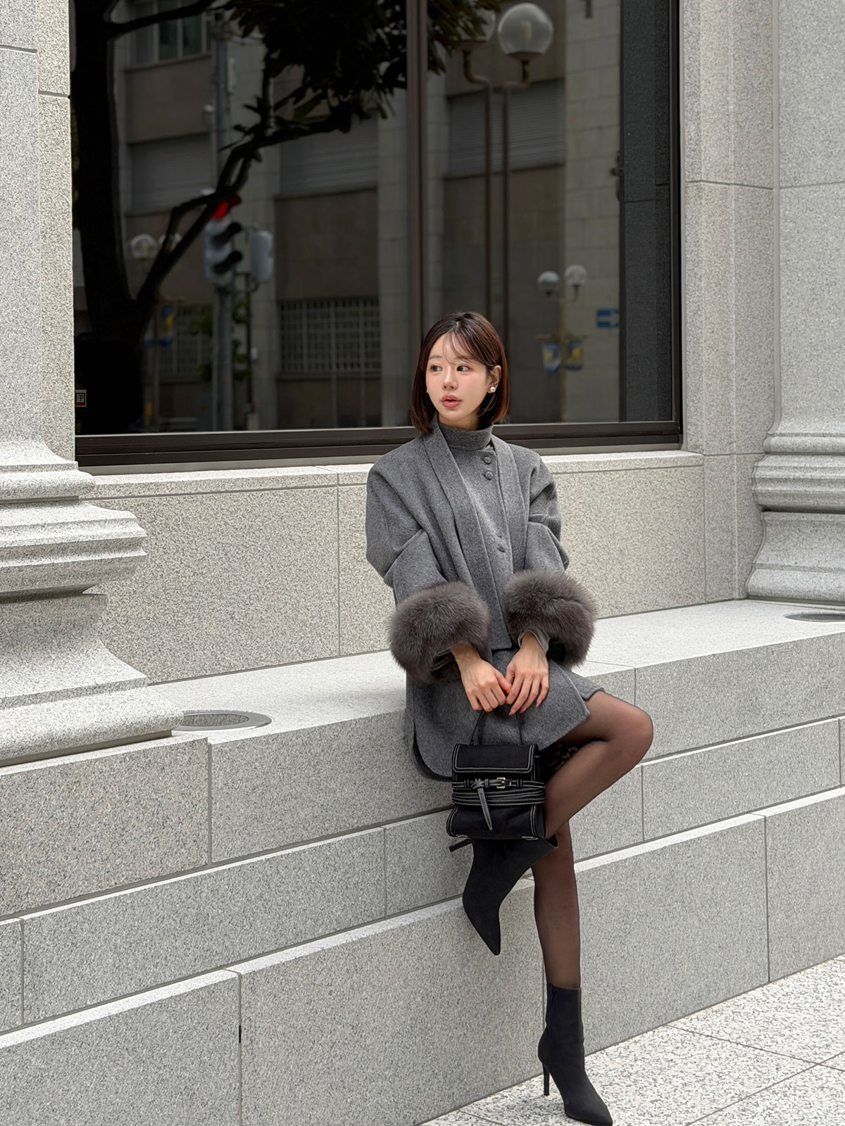 クン Moelボウタイファースリーブcoat カラー:ブラック、グレー、オートアイボリー