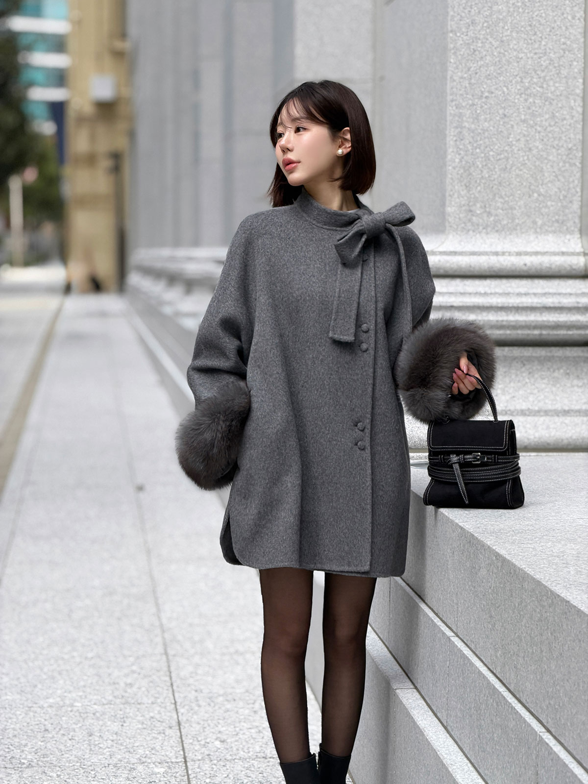 クン Moelボウタイファースリーブcoat カラー:ブラック、グレー、オートアイボリー