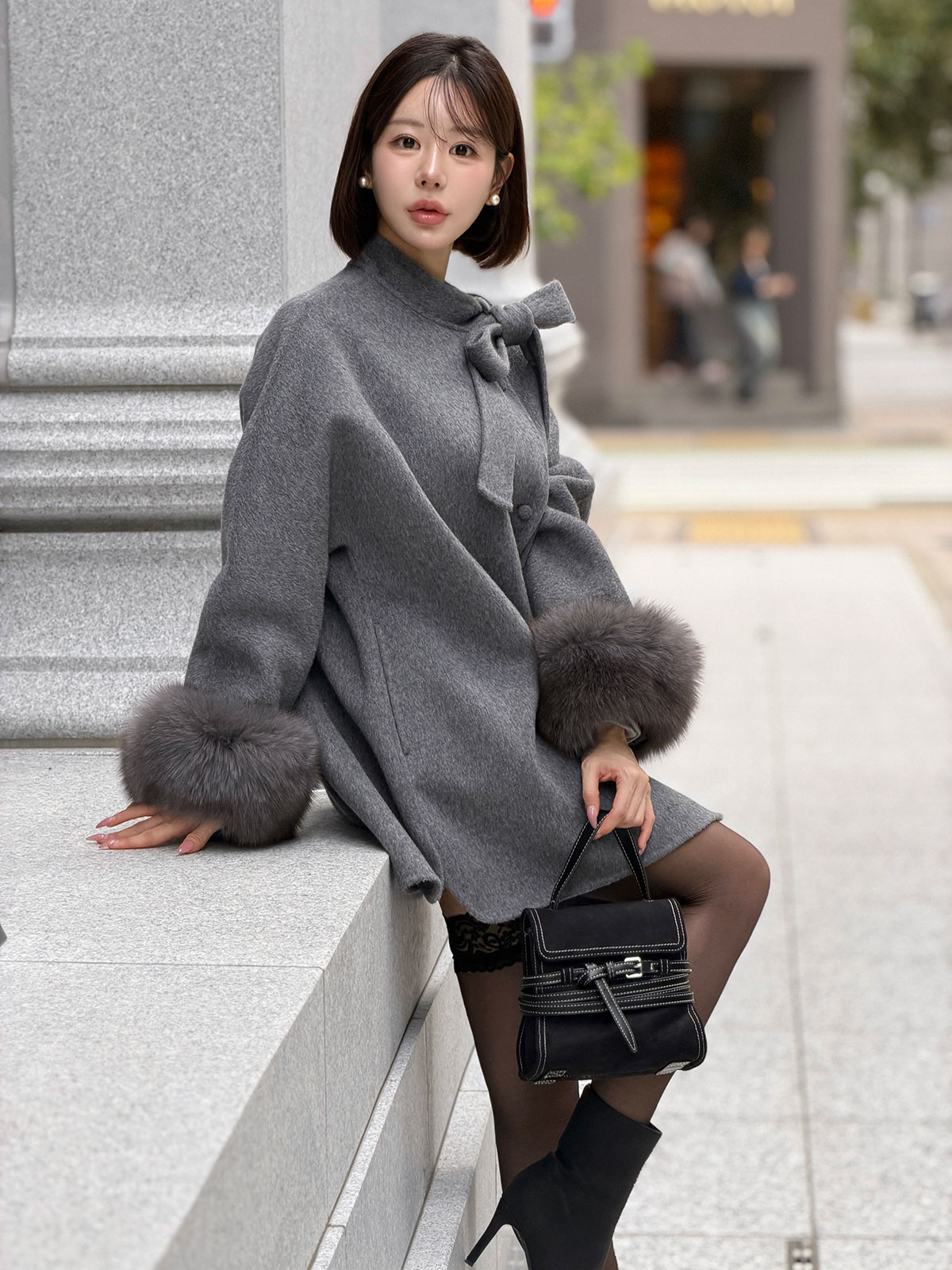 クン Moelボウタイファースリーブcoat カラー:ブラック、グレー、オートアイボリー