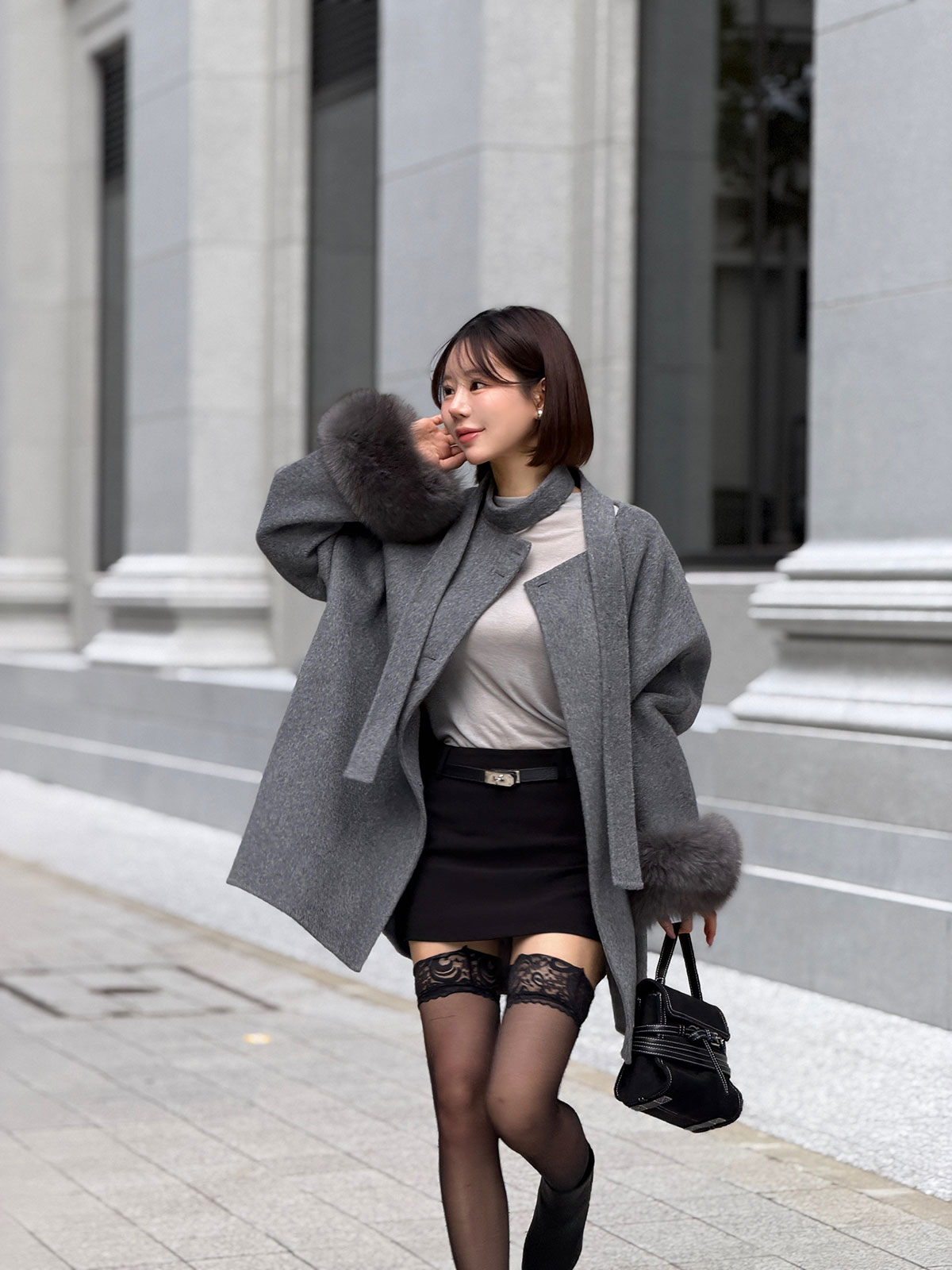 クン Moelボウタイファースリーブcoat カラー:ブラック、グレー、オートアイボリー