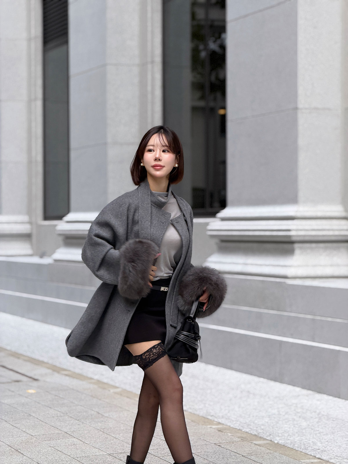 クン Moelボウタイファースリーブcoat カラー:ブラック、グレー、オートアイボリー