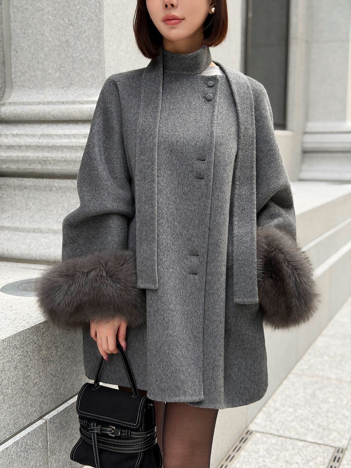 クン Moelボウタイファースリーブcoat カラー:ブラック、グレー、オートアイボリー