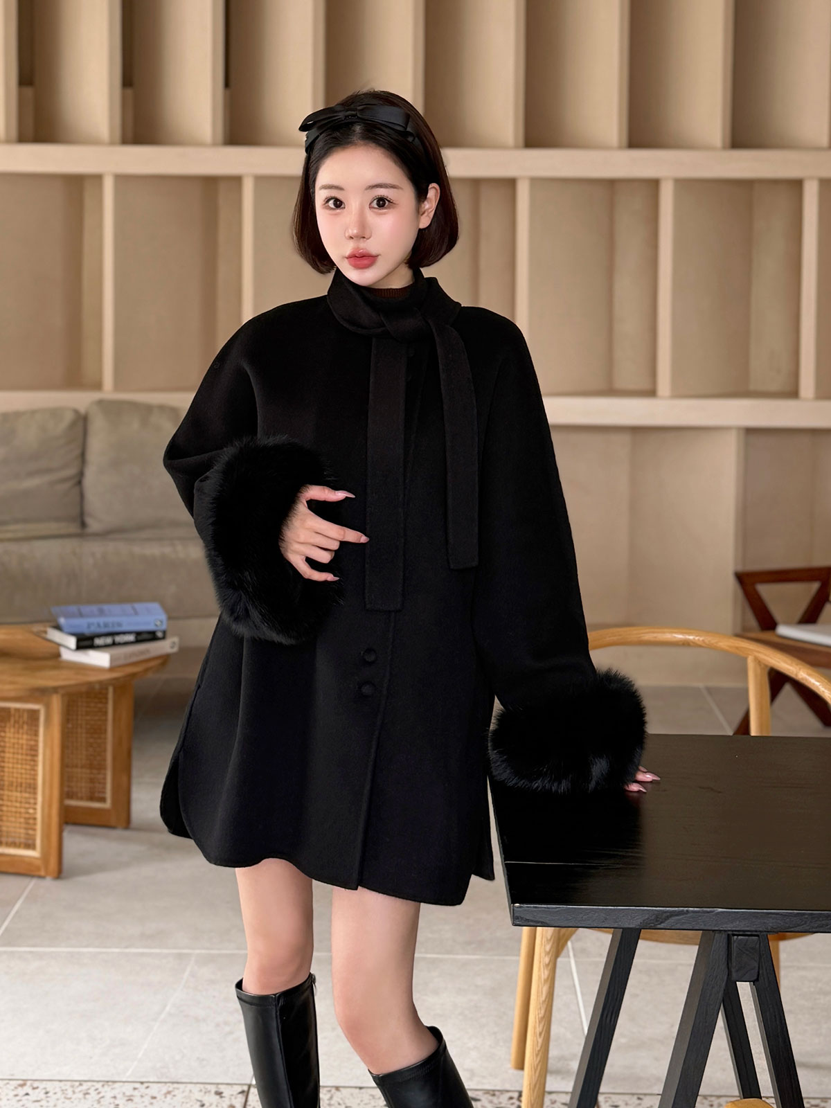 クン Moelボウタイファースリーブcoat カラー:ブラック、グレー、オートアイボリー