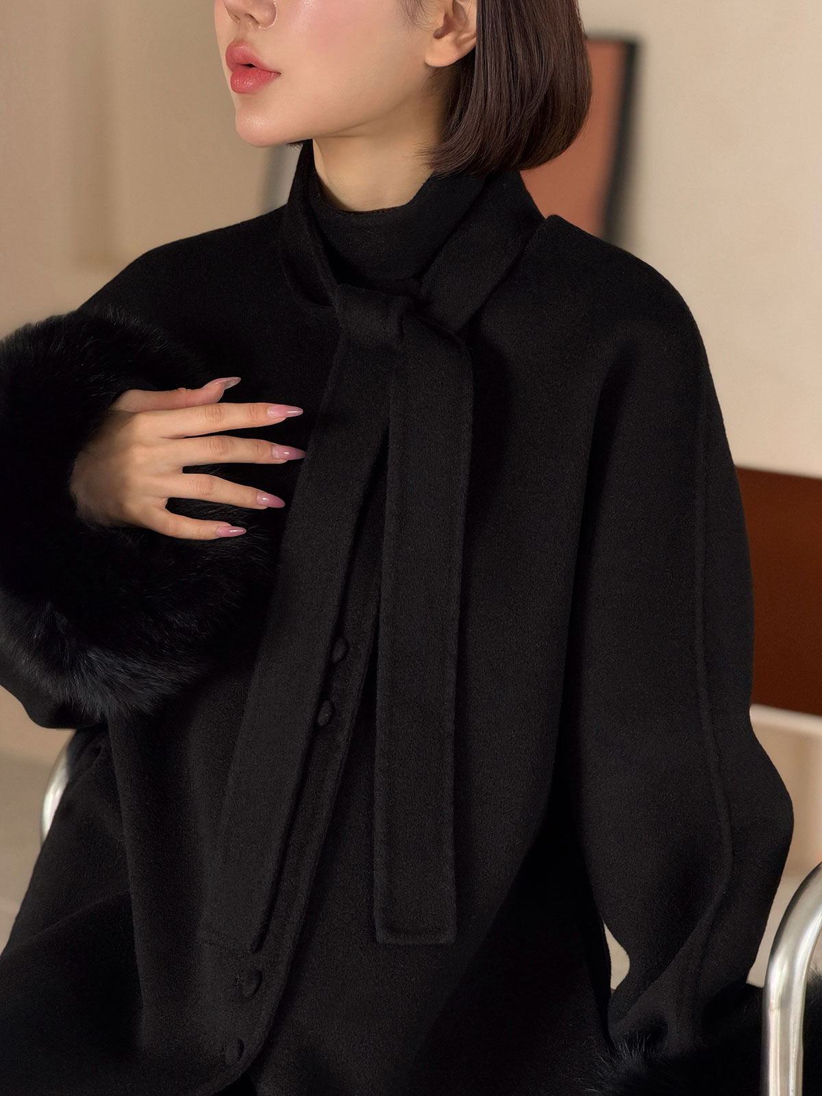 クン Moelボウタイファースリーブcoat カラー:ブラック、グレー、オートアイボリー