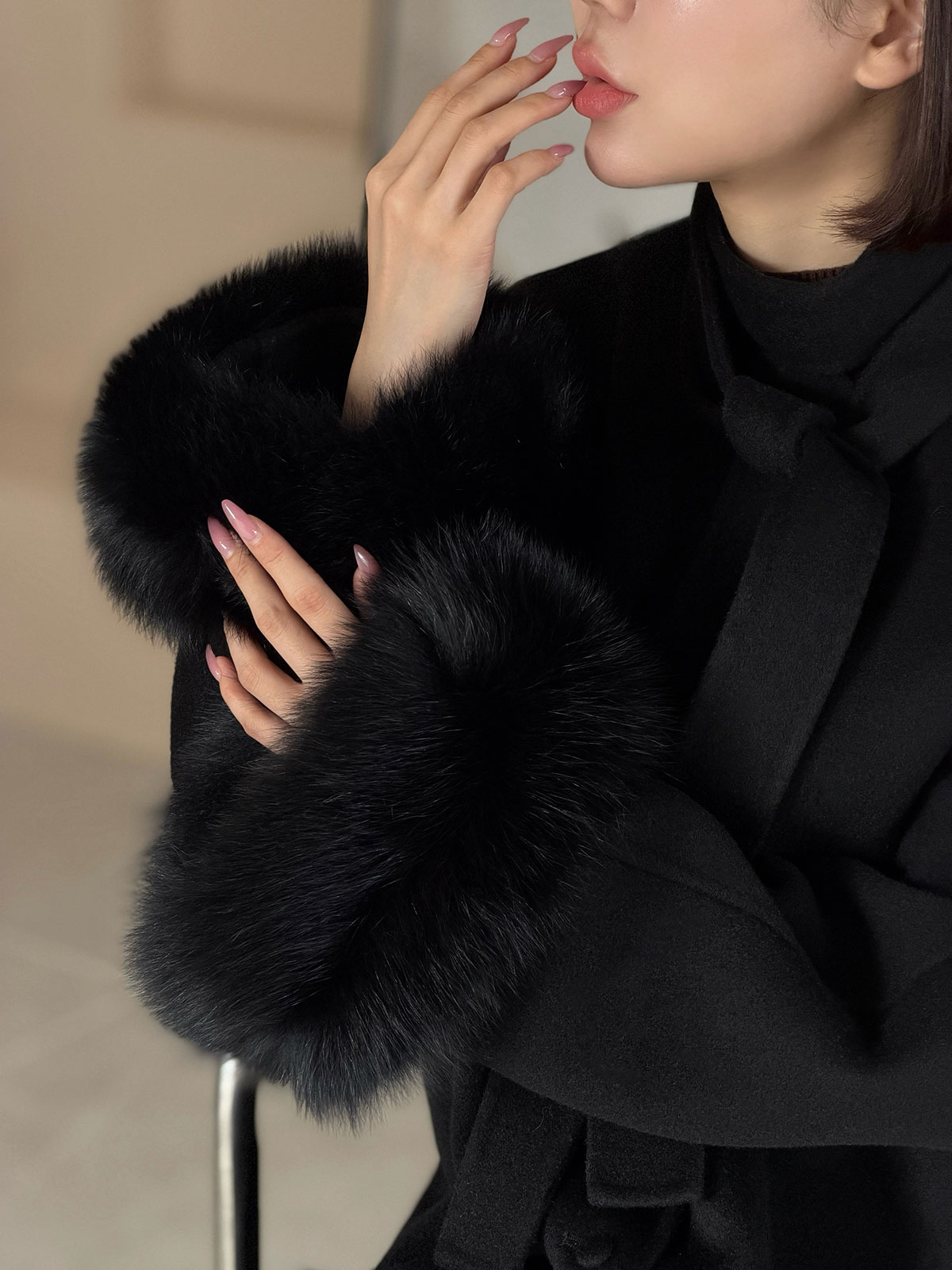 クン Moelボウタイファースリーブcoat カラー:ブラック、グレー、オートアイボリー