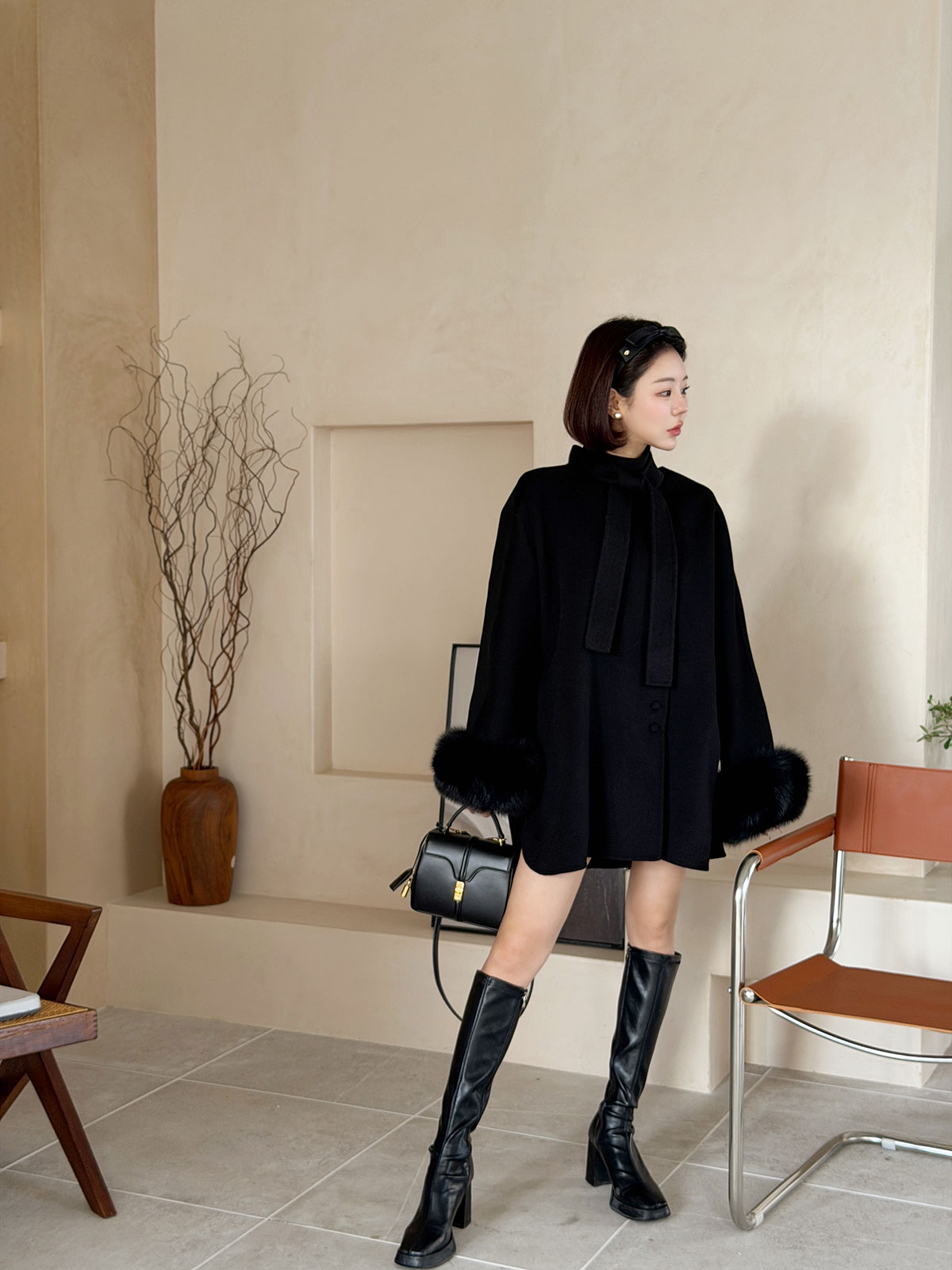 クン Moelボウタイファースリーブcoat カラー:ブラック、グレー、オートアイボリー