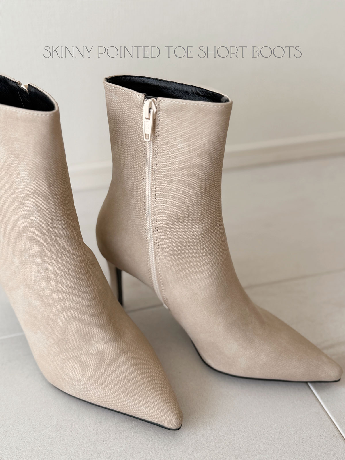 クン スキニーポインテッドトゥショートブーツ カラー:レザーブラック、マットベージュ、マットブラック