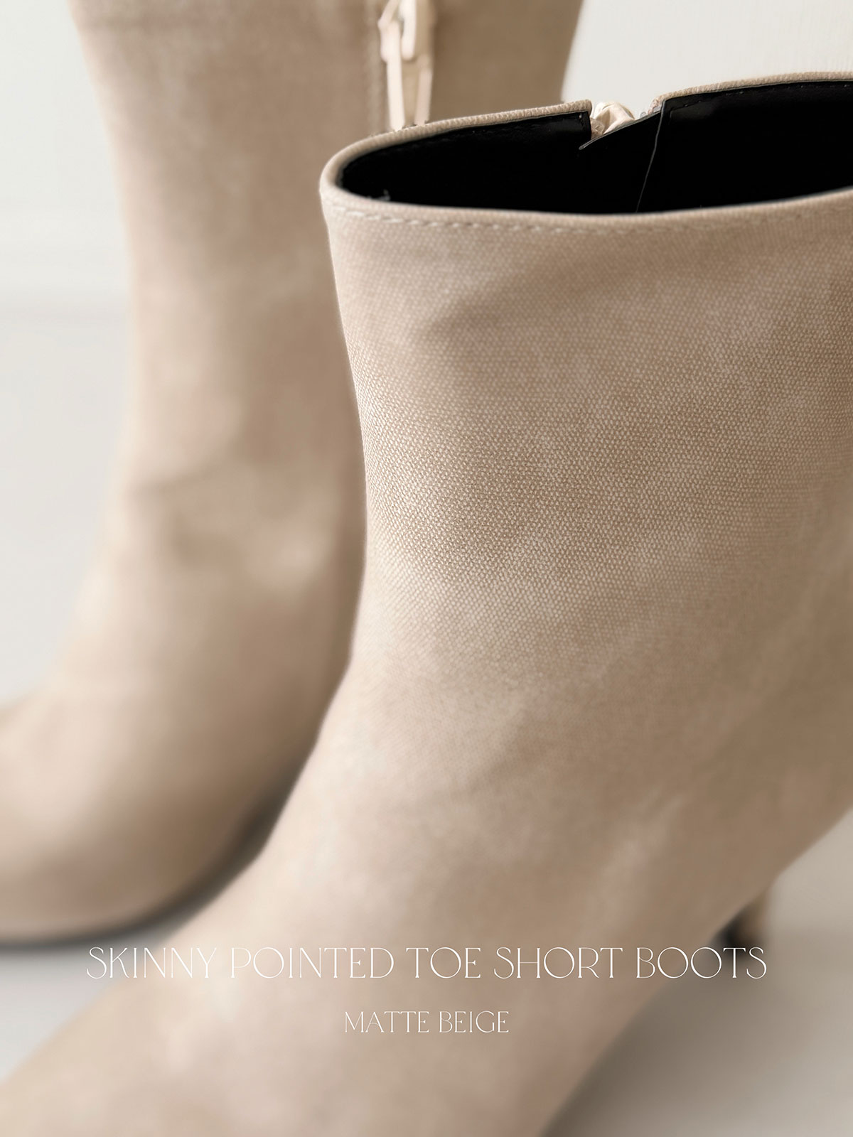 クン スキニーポインテッドトゥショートブーツ カラー:レザーブラック、マットベージュ、マットブラック