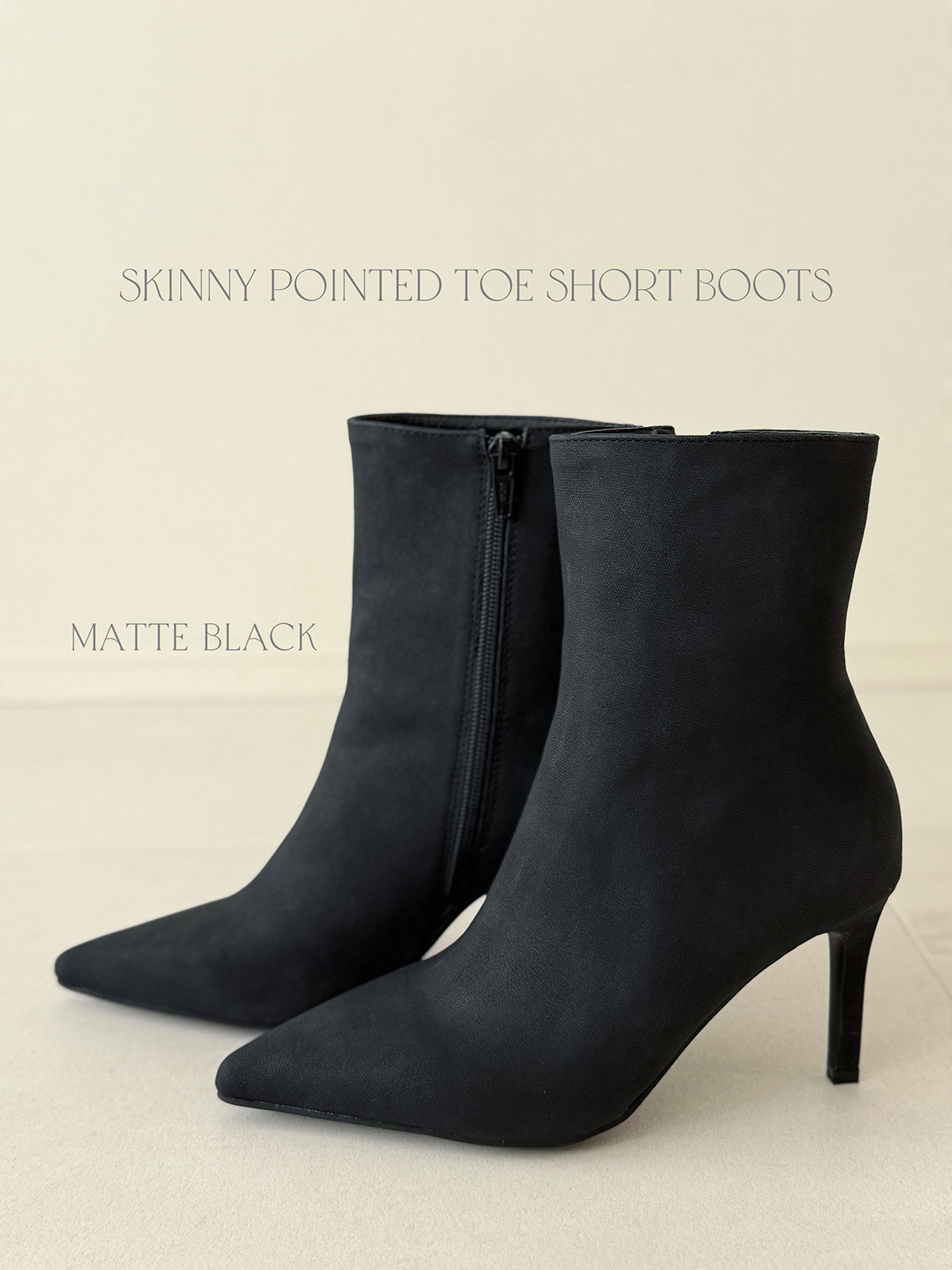 クン スキニーポインテッドトゥショートブーツ カラー:レザーブラック、マットベージュ、マットブラック