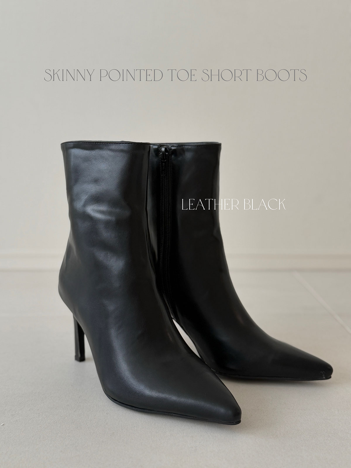 クン スキニーポインテッドトゥショートブーツ カラー:レザーブラック、マットベージュ、マットブラック