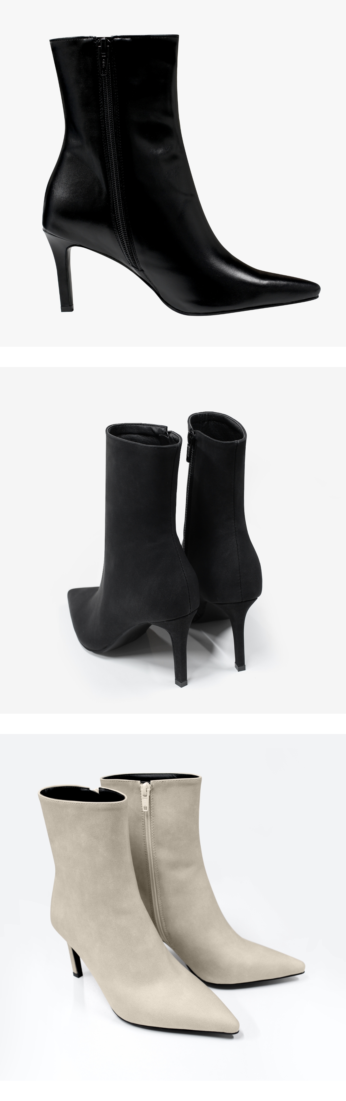 クン スキニーポインテッドトゥショートブーツ カラー:レザーブラック、マットベージュ、マットブラック