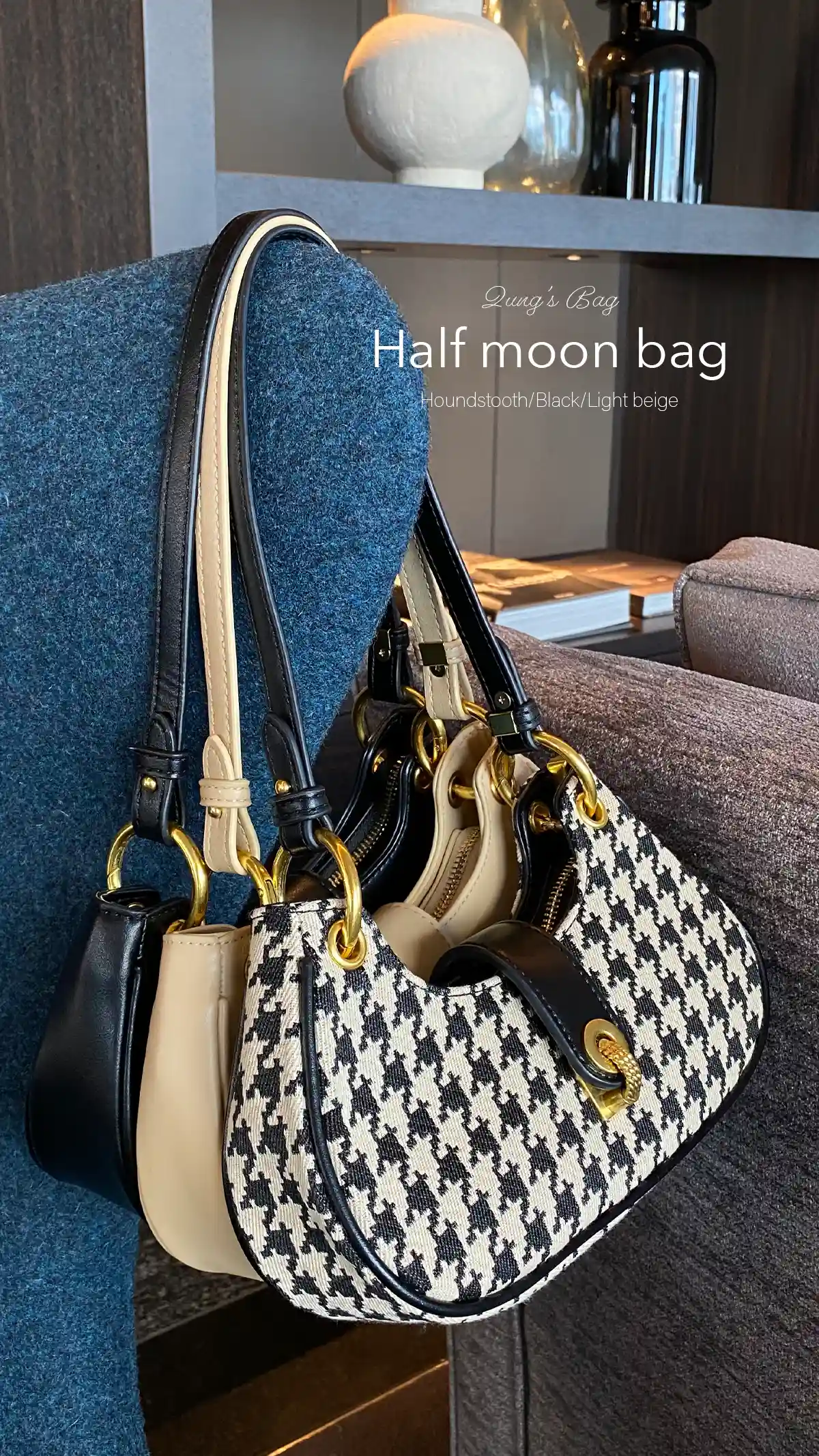 Half moon bag カラー: ブラック、ライトベージュ、千鳥格子