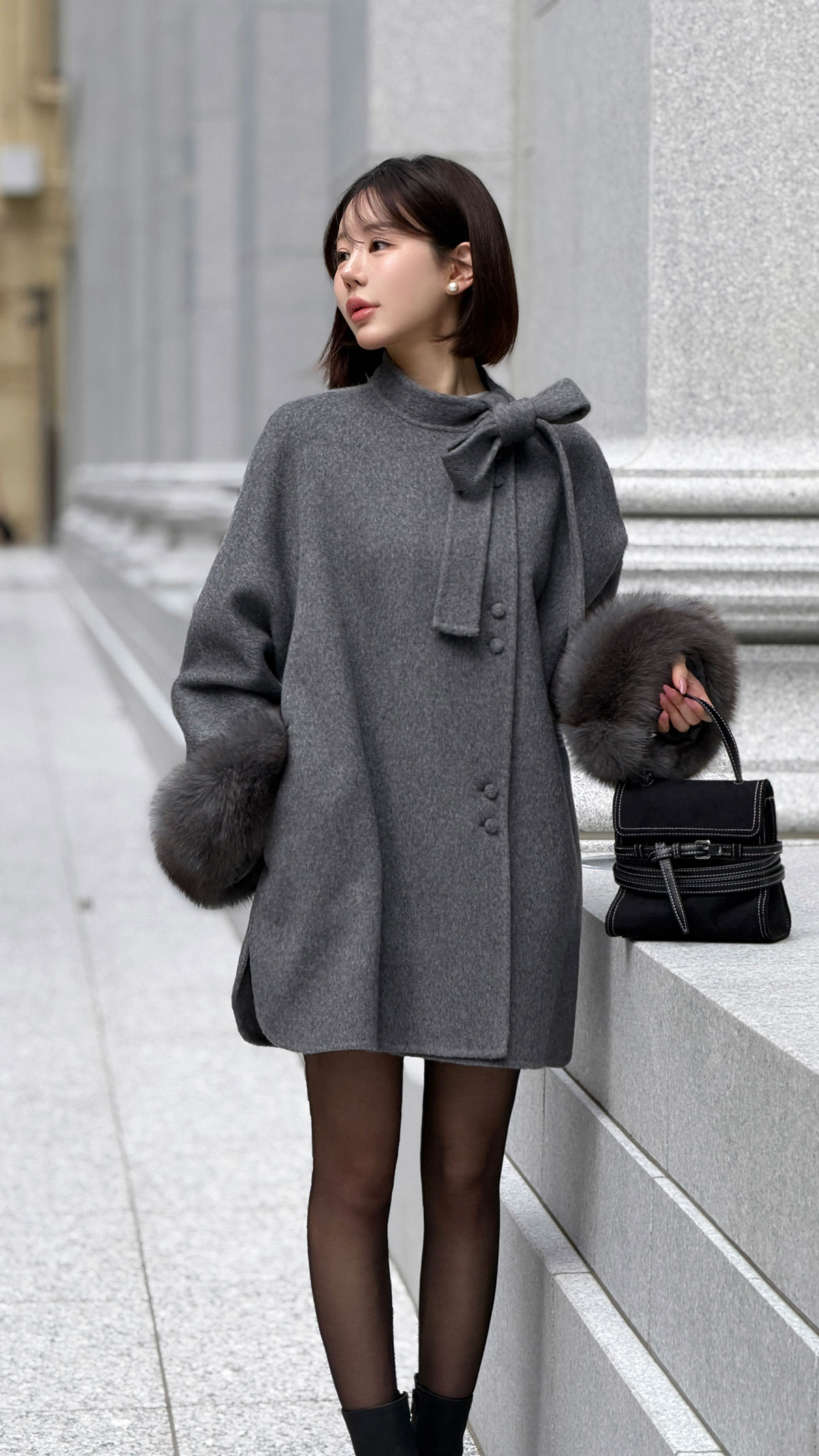 Moelボウタイファースリーブcoat カラー: ブラック、グレー、オートアイボリー