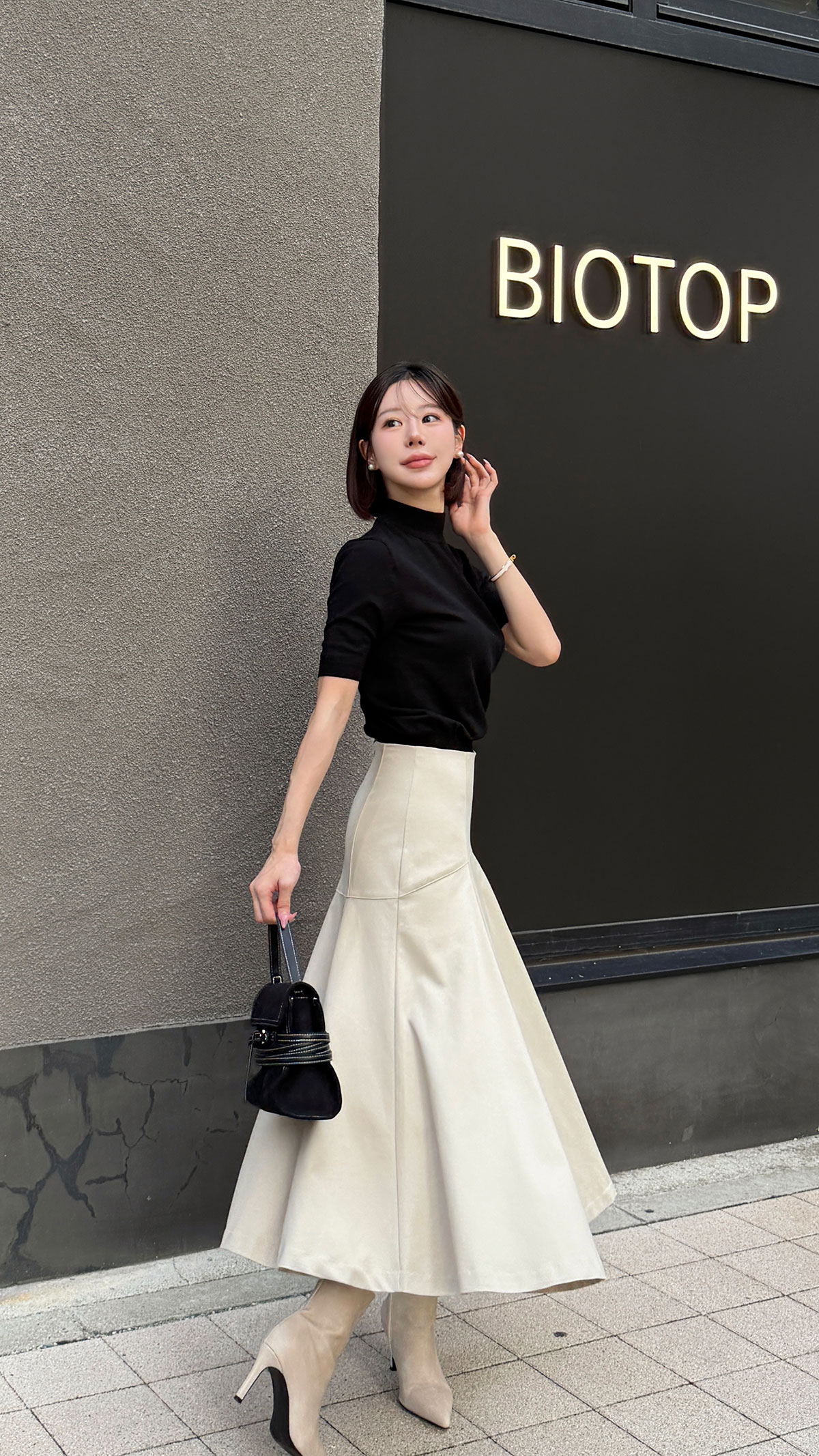 カーブパッチワークギャバジンロングsk カラー: ブラック、ベージュ