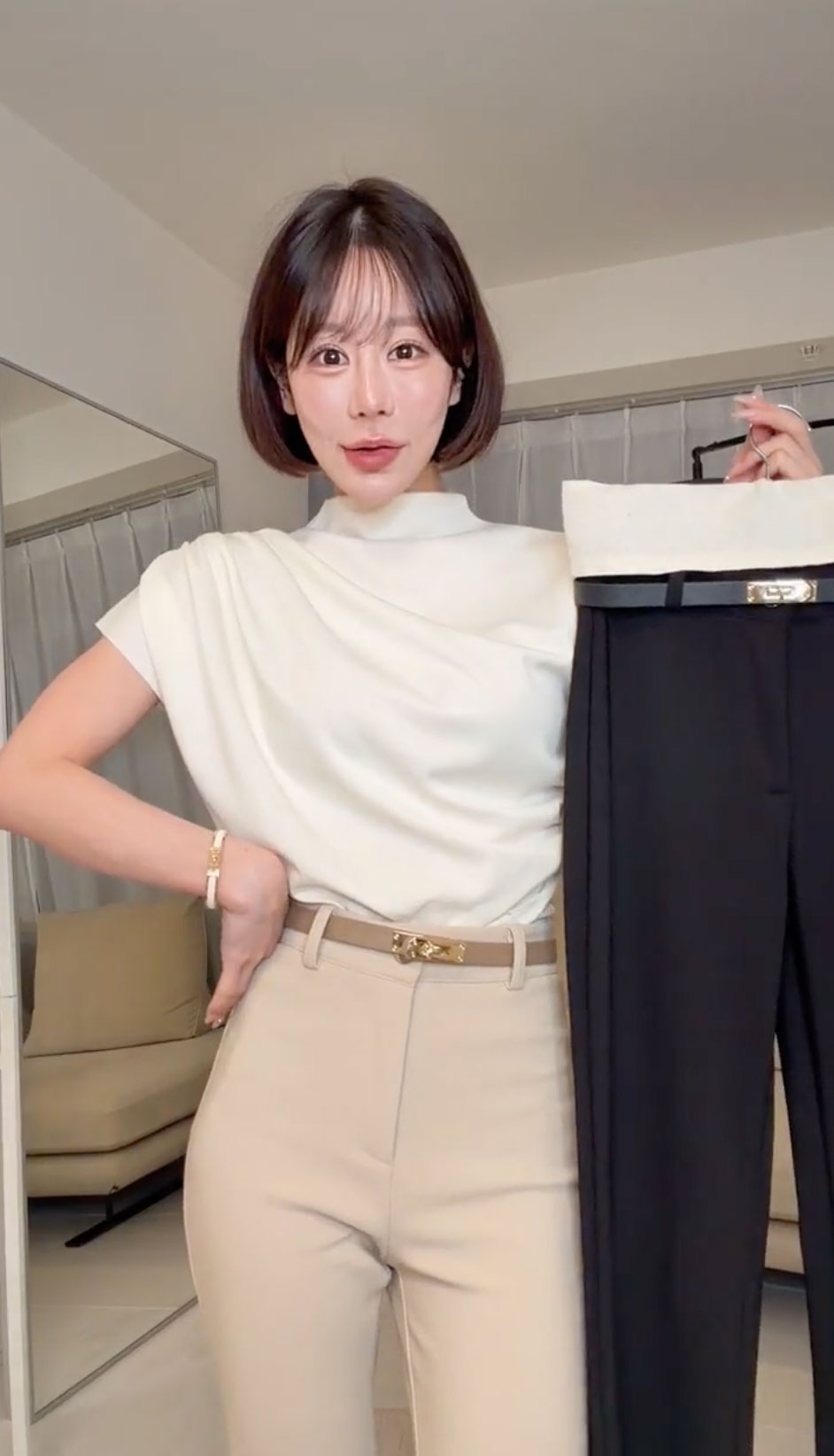 【ベージュ】ハイストレッチ コットン スラックス クン ハイストレッチクラシックベルトスラックス カラー:ブラック