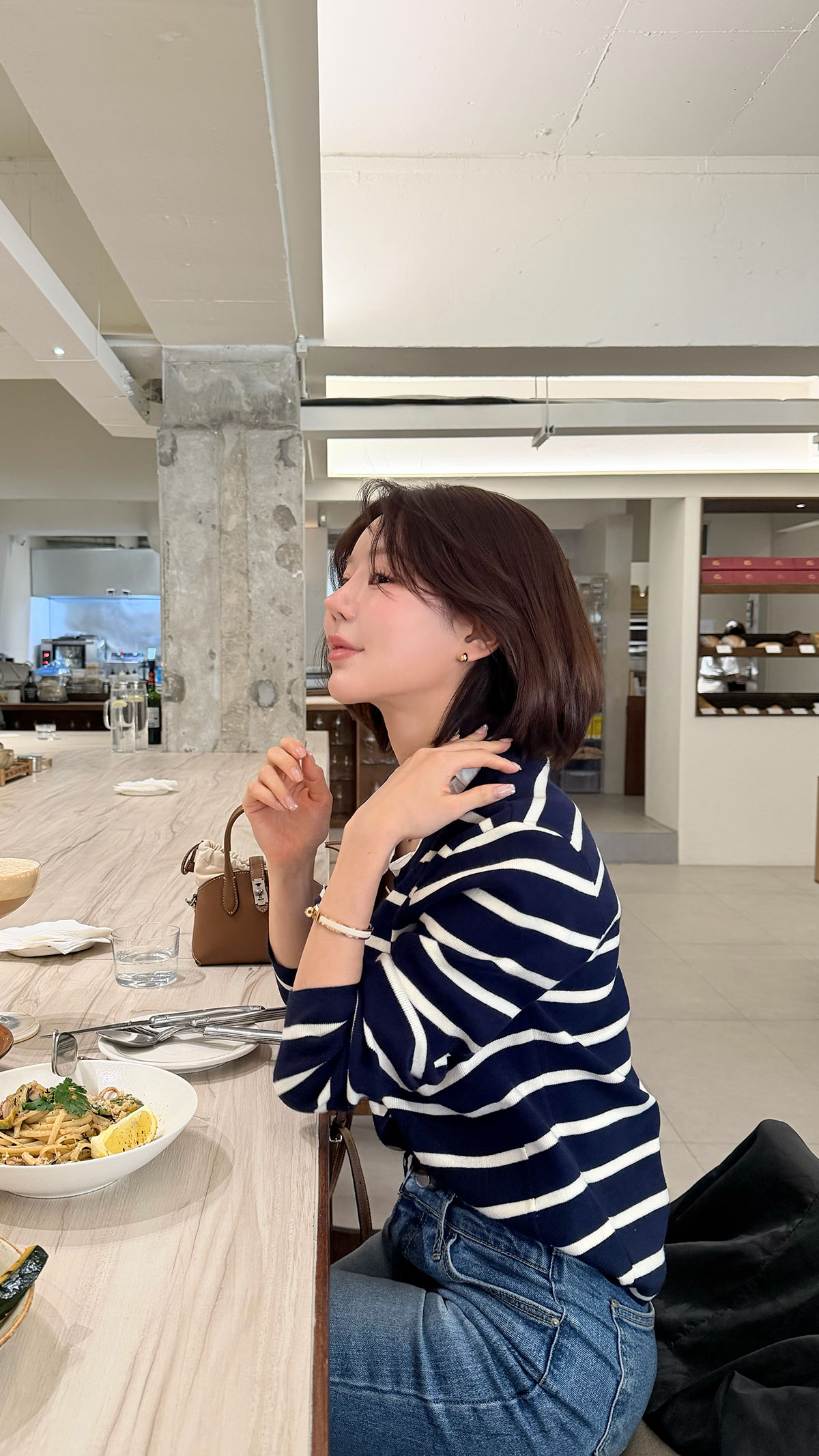 Dualムードフリルカーディガンtop カラー: ライトグレー、マリンボーダー